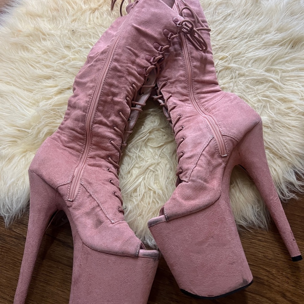 Pleaser Pink Heeled Boots with Dramatic Platform